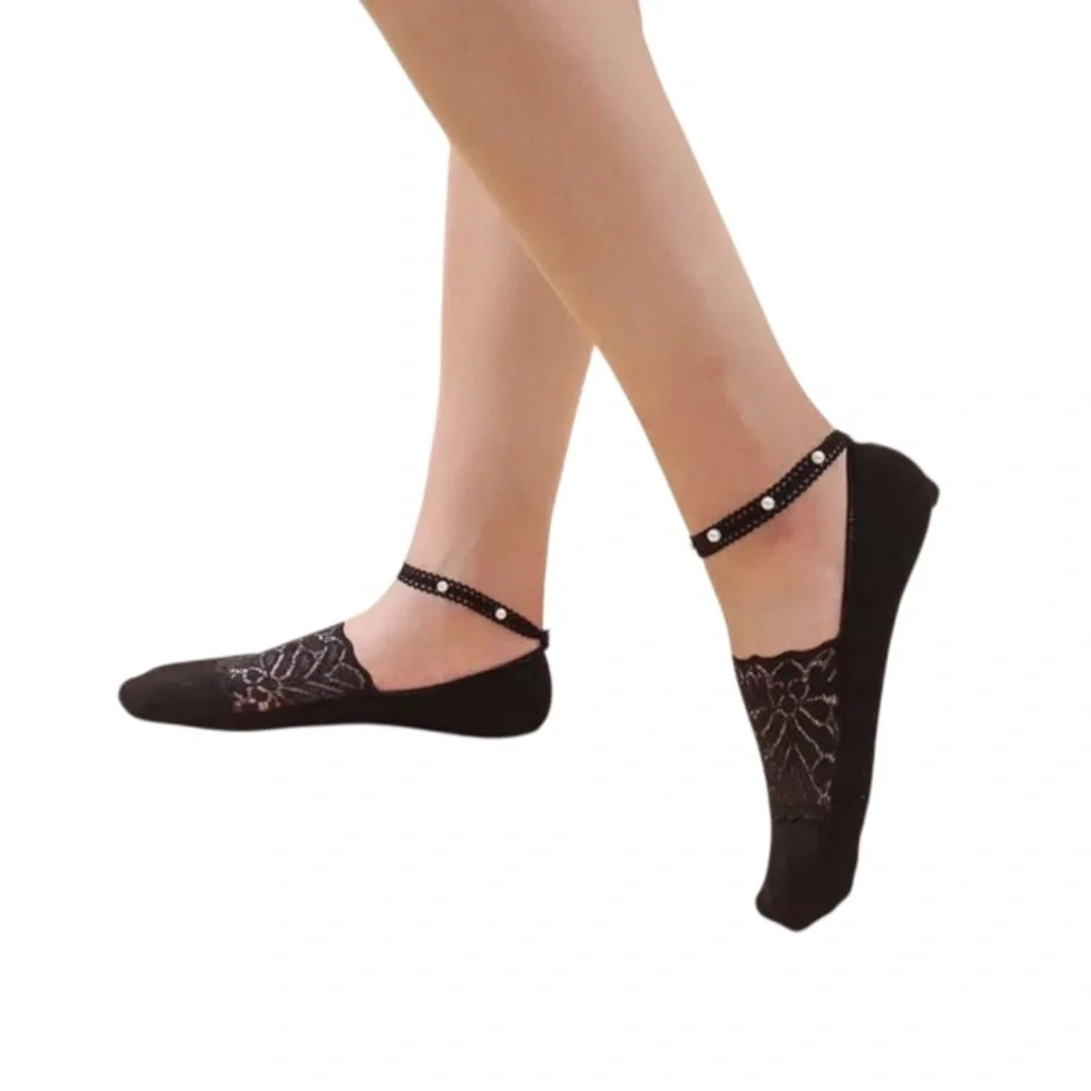 Pearl Lace Black No Show Socks Cotton Four Pair Ankle Strap White Pearl Accents